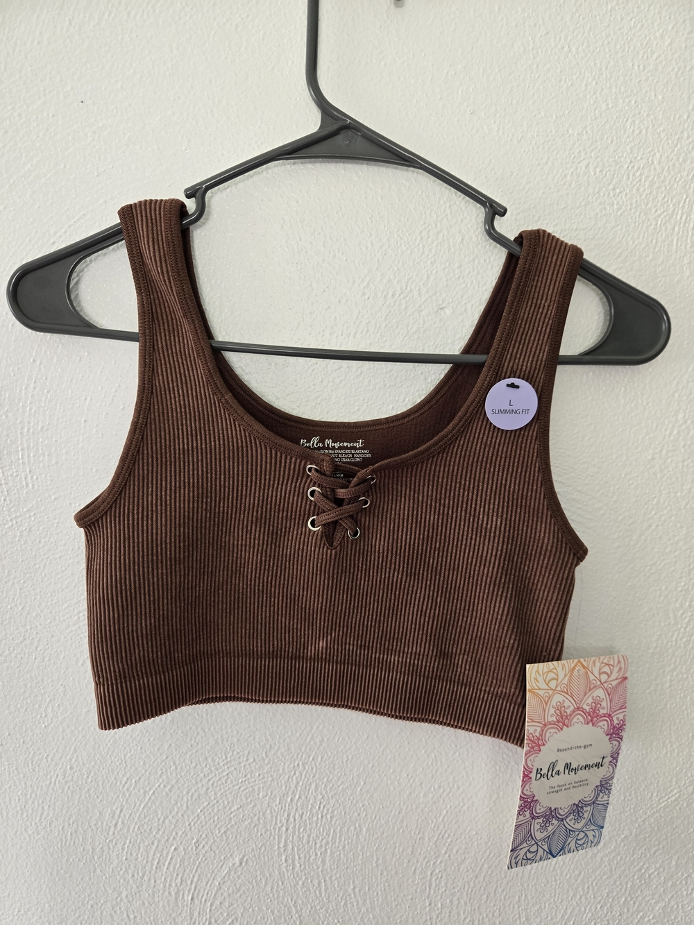 Bella Movement Brown Ribbed Lace-Up Crop Tank
